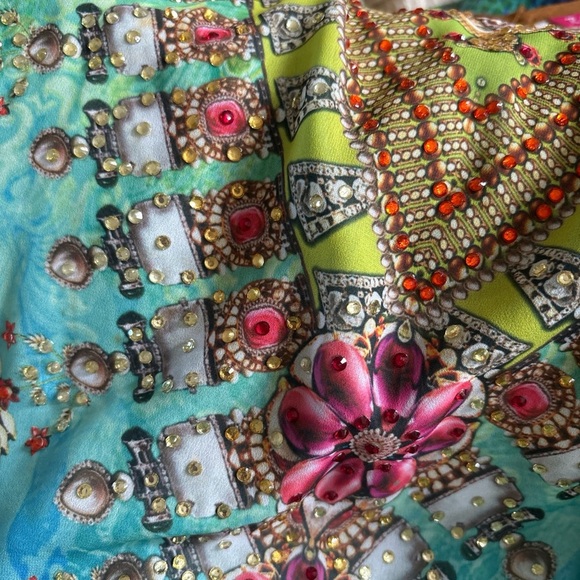 Embellished Boho Kaftan Top L Peacock Print Tunic Festival Y2K Gypsie 90 Beaded - Picture 5 of 6